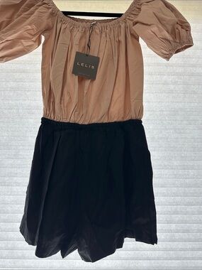 Le Lis Two-Tone Off-Shoulder Dress - Beige Top, Black Skirt. His is a romper😊